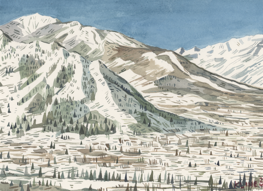 Aspen, Colorado and Aspen Highlands. Watercolor. 10" x 8". John Kline Artwork