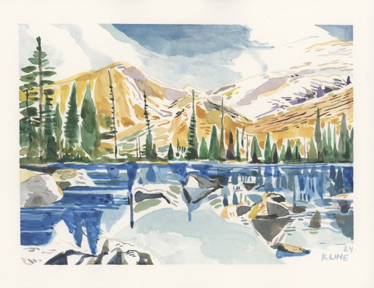 Bear Lake and Glacier Gorge, Rocky Mountain National Park, Colorado. Watercolor. 10" x 8". John Kline Artwork