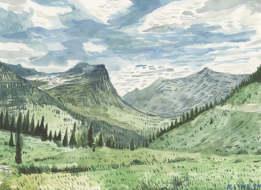 Mountains in Glacier National Park, Montana. Watercolor. 10" x 8". John Kline Artwork