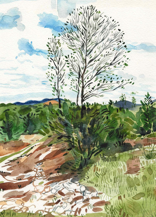 Tree in Santa Fe, New Mexico. Watercolor on Paper. 9" x 12". Painting landscape desert mountains John Kline gouache wall decor gifts art