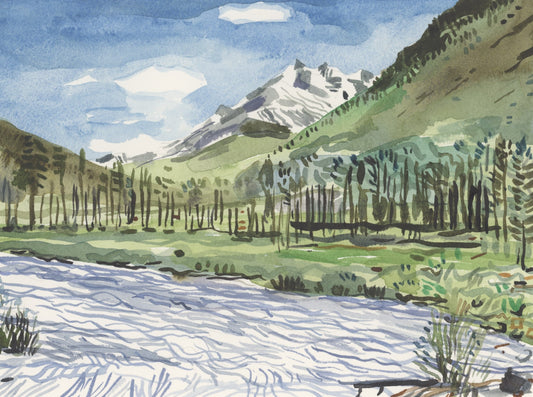 Maroon Creek and Pyramid Peak, Colorado. Watercolor. 10" x 8". John Kline Artwork.