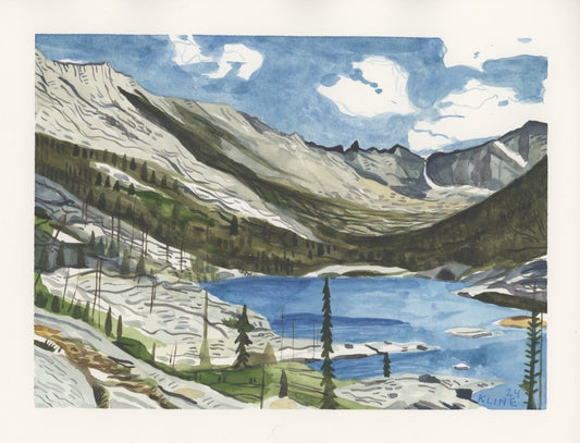 Mills Lake, Long's Peak, Glacier Gorge, Rocky Mountain National Park. Watercolor. 10" x 8". John Kline Artwork