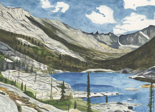 Mills Lake, Long's Peak, Glacier Gorge, Rocky Mountain National Park. Watercolor. 10" x 8". John Kline Artwork