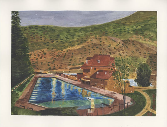 Evening at Hot Springs Pool, Glenwood Springs, Colorado. Watercolor. 10" x 8". John Kline Artwork