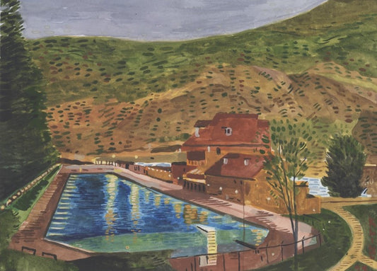 Evening at Hot Springs Pool, Glenwood Springs, Colorado. Watercolor. 10" x 8". John Kline Artwork