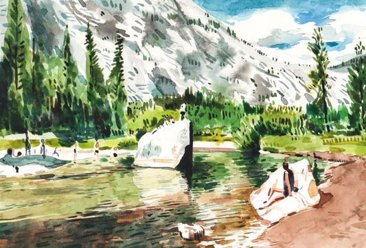 Bathers at Mirror Lake, Yosemite. Watercolor and Gouache. 12" x 9". John Kline Artwork. National Park