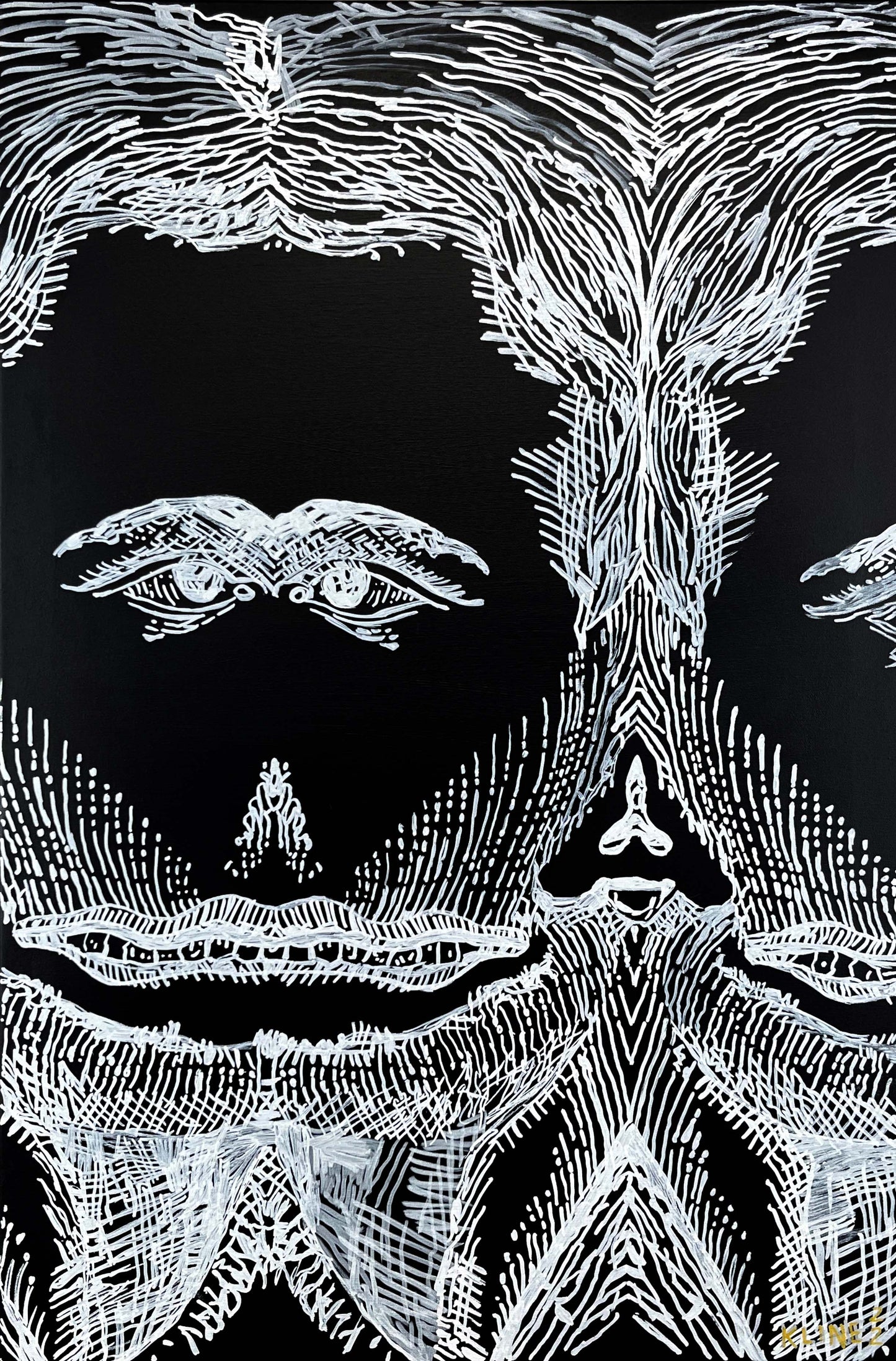 Gazing at your Own Fear. Acrylic and Oil Markers on Canvas. 24" x 36". John Kline Artwork. Black and White Painting