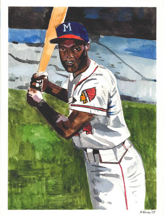 Hank Aaron. Milwaukee Braves. Watercolor and Gouache on Paper. 9" x 12"