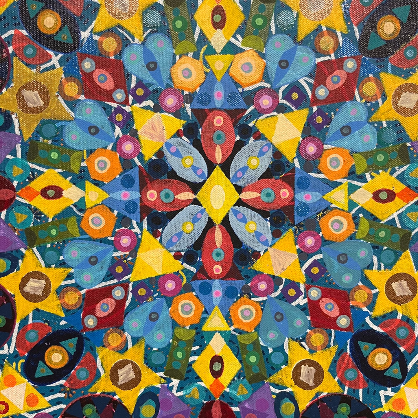 Hammers of my Heart. Acrylic and Oil markers on Canvas. 20" x 20". John Kline Artwork. Radial Abstract Modern Painting