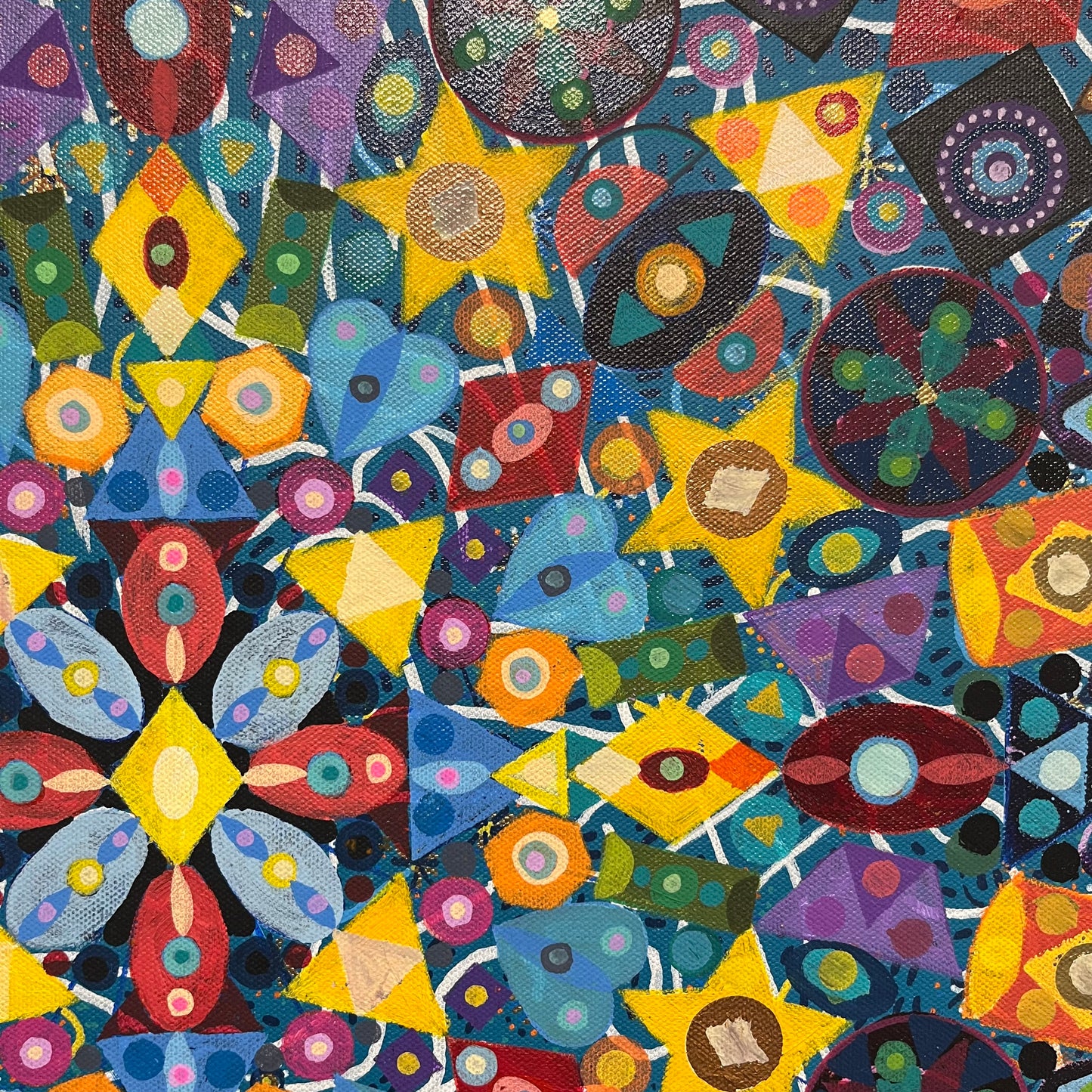 Hammers of my Heart. Acrylic and Oil markers on Canvas. 20" x 20". John Kline Artwork. Radial Abstract Modern Painting