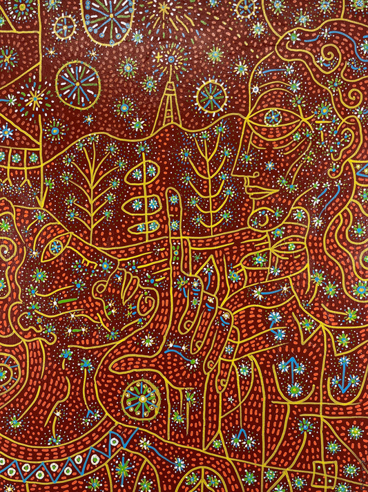 Projection of Innermost Worlds. Acrylic and Oil Markers on Canvas. 18" x 24". John Kline Artwork. Line Red Yellow Abstract Expressionist Painting