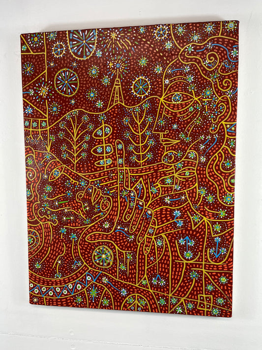 Projection of Innermost Worlds. Acrylic and Oil Markers on Canvas. 18" x 24". John Kline Artwork. Line Red Yellow Abstract Expressionist Painting