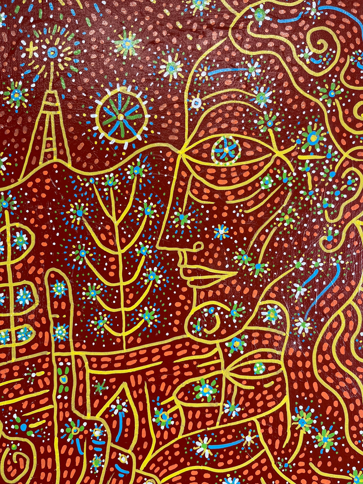 Projection of Innermost Worlds. Acrylic and Oil Markers on Canvas. 18" x 24". John Kline Artwork. Line Red Yellow Abstract Expressionist Painting