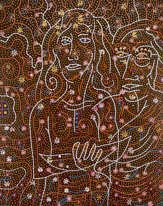 Lift Up Your Heads. 16" x 20". Acrylic and Oil Markers on Wood. John Kline Artwork. Red Line Orange expressionist painting Kansas City