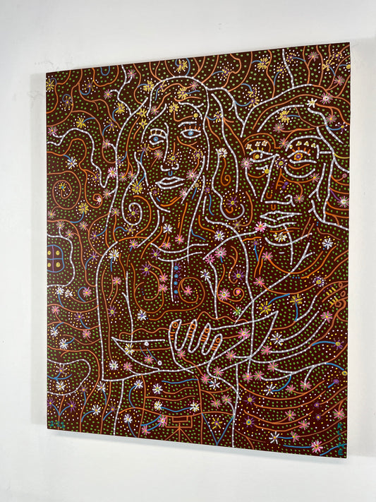 Lift Up Your Heads. 16" x 20". Acrylic and Oil Markers on Wood. John Kline Artwork. Red Line Orange expressionist painting Kansas City