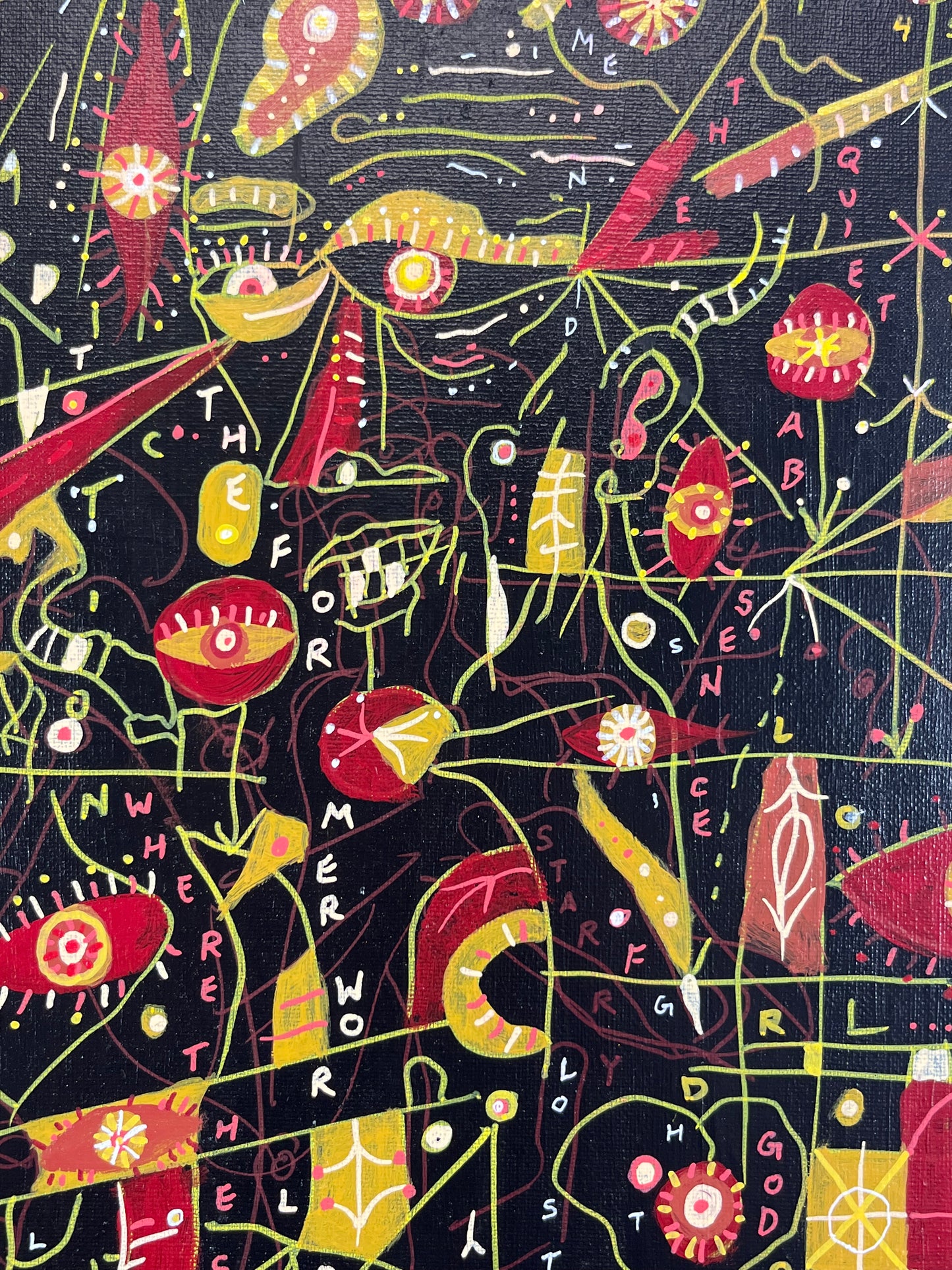 The Nurse and Herodias. 16" x 20" x 1.5". Acrylic on Canvas. John Kline Artwork. Abstract Black Red Yellow Painting Modern