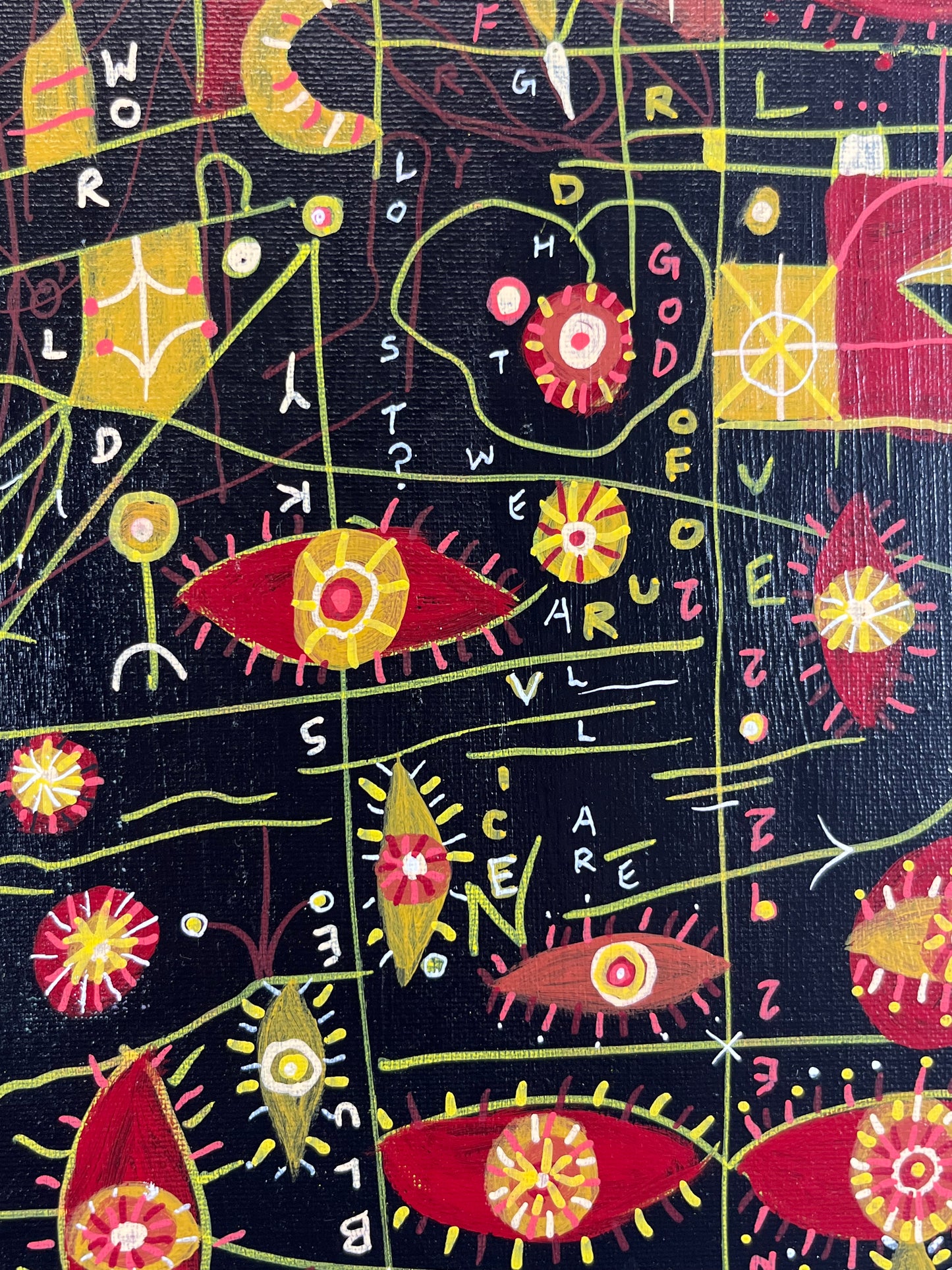 The Nurse and Herodias. 16" x 20" x 1.5". Acrylic on Canvas. John Kline Artwork. Abstract Black Red Yellow Painting Modern