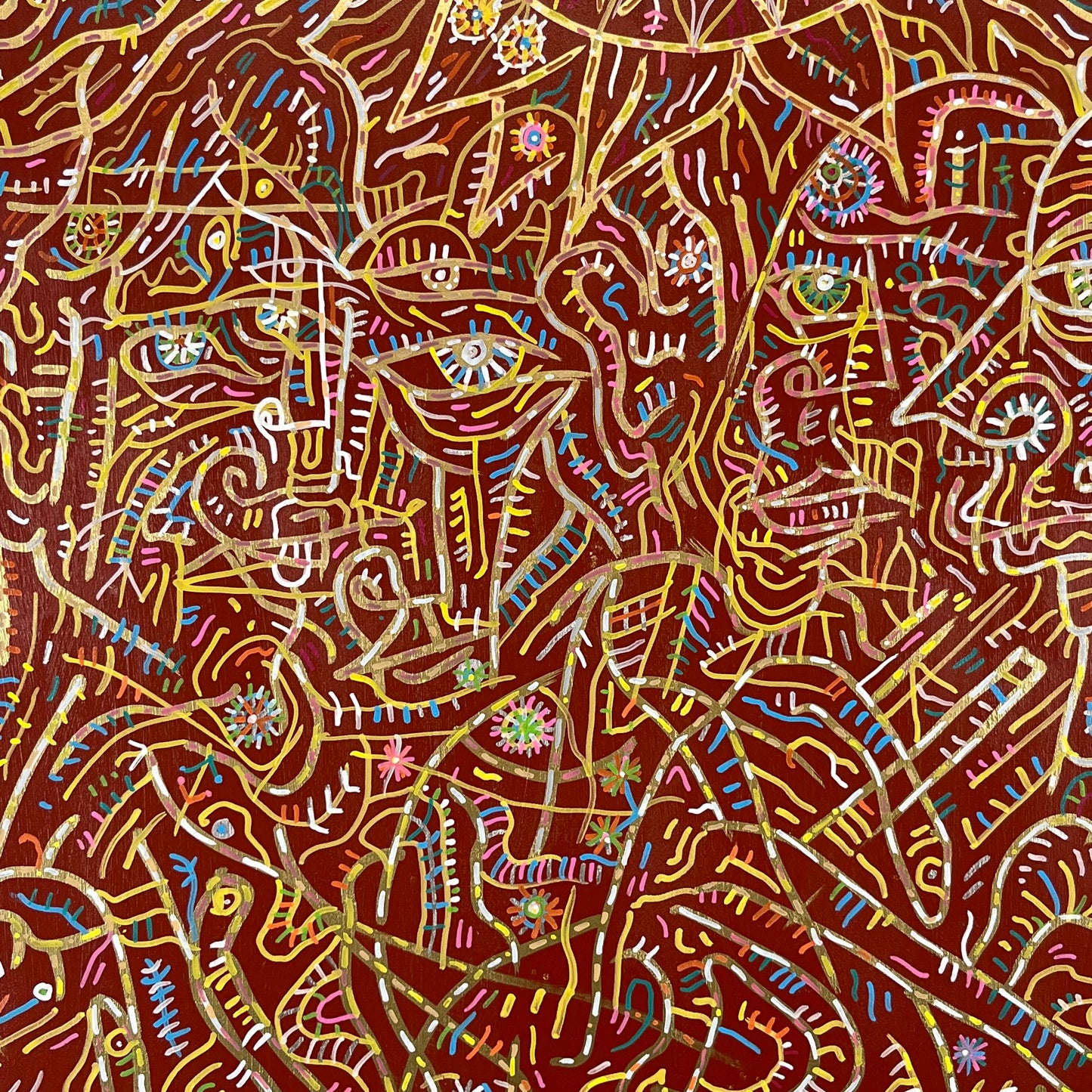 Useless Wings. Acrylic and Oil Markers on Wood. 24" x 24". John Kline Artwork. Modern abstract expressionist painting