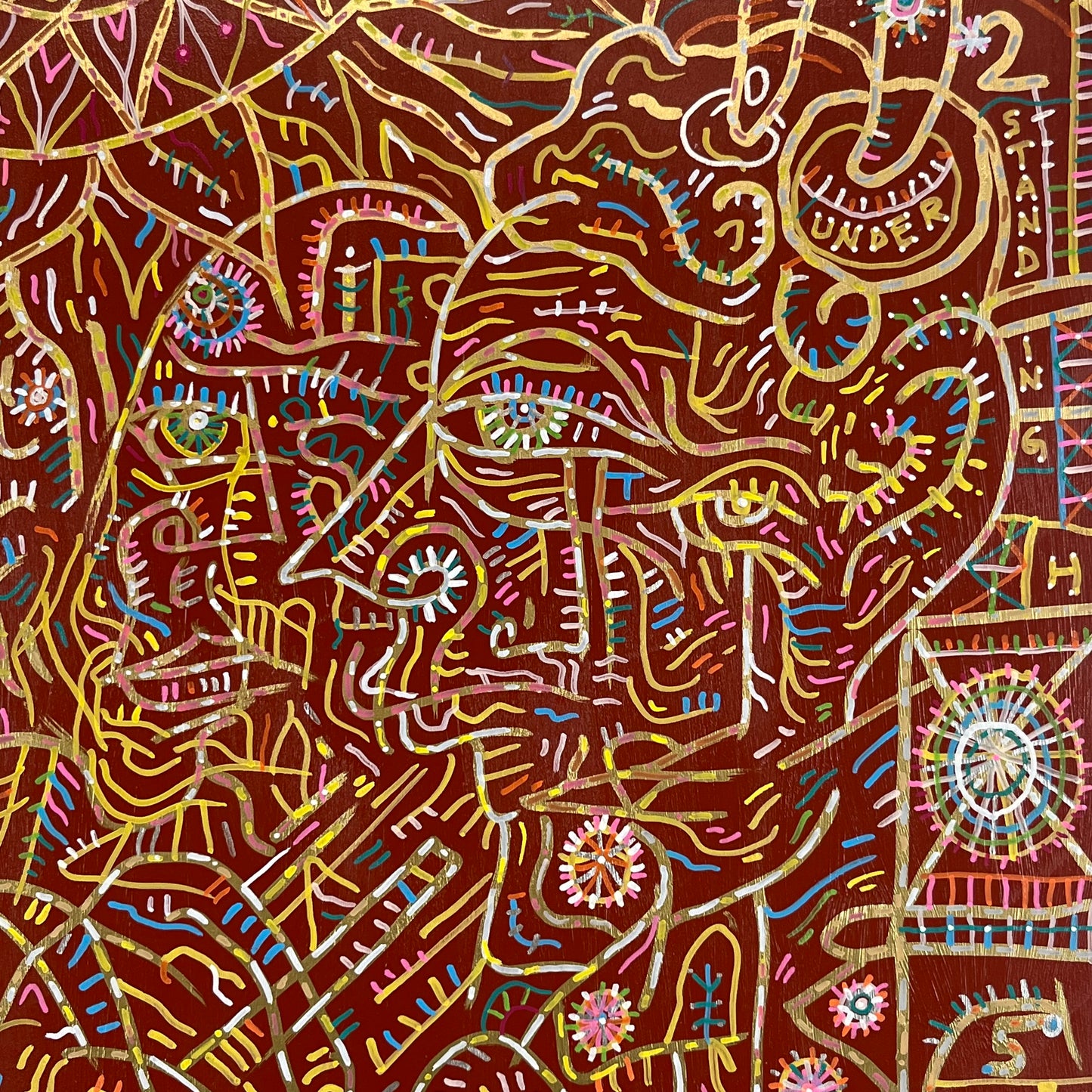 Useless Wings. Acrylic and Oil Markers on Wood. 24" x 24". John Kline Artwork. Modern abstract expressionist painting