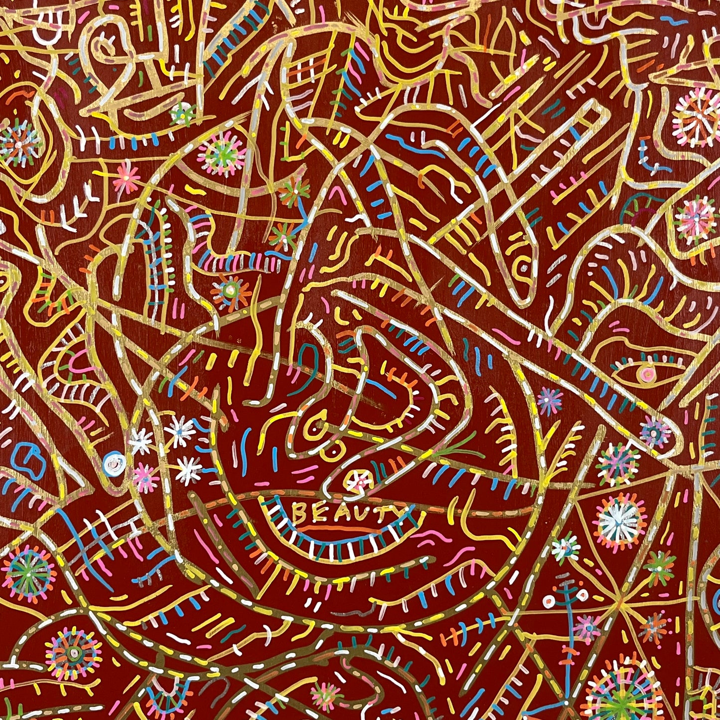 Useless Wings. Acrylic and Oil Markers on Wood. 24" x 24". John Kline Artwork. Modern abstract expressionist painting