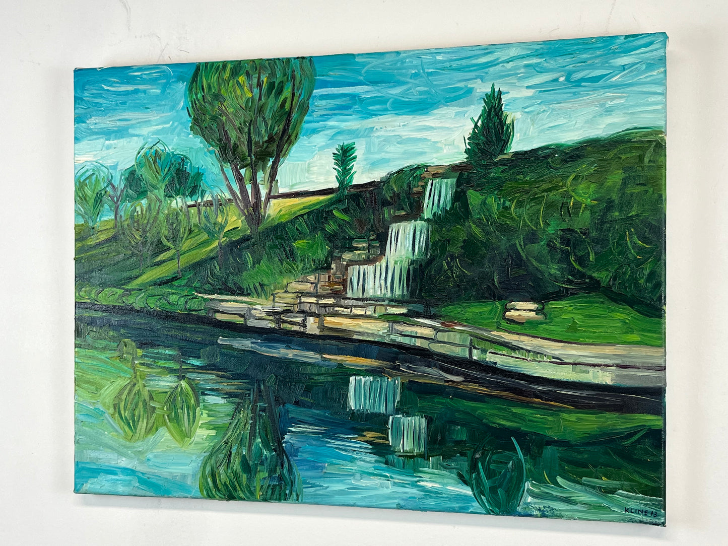 Waterfall next to Brush Creek in Kansas City. Oil on Canvas. 24" x 18". John Kline Artwork. landscape painting.