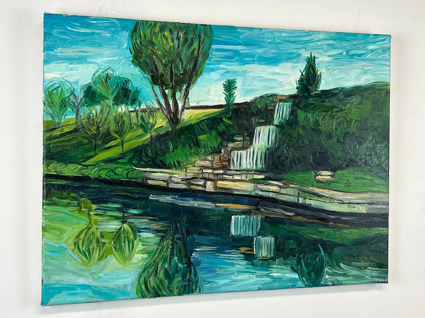Waterfall next to Brush Creek in Kansas City. Oil on Canvas. 24" x 18". John Kline Artwork. landscape painting.