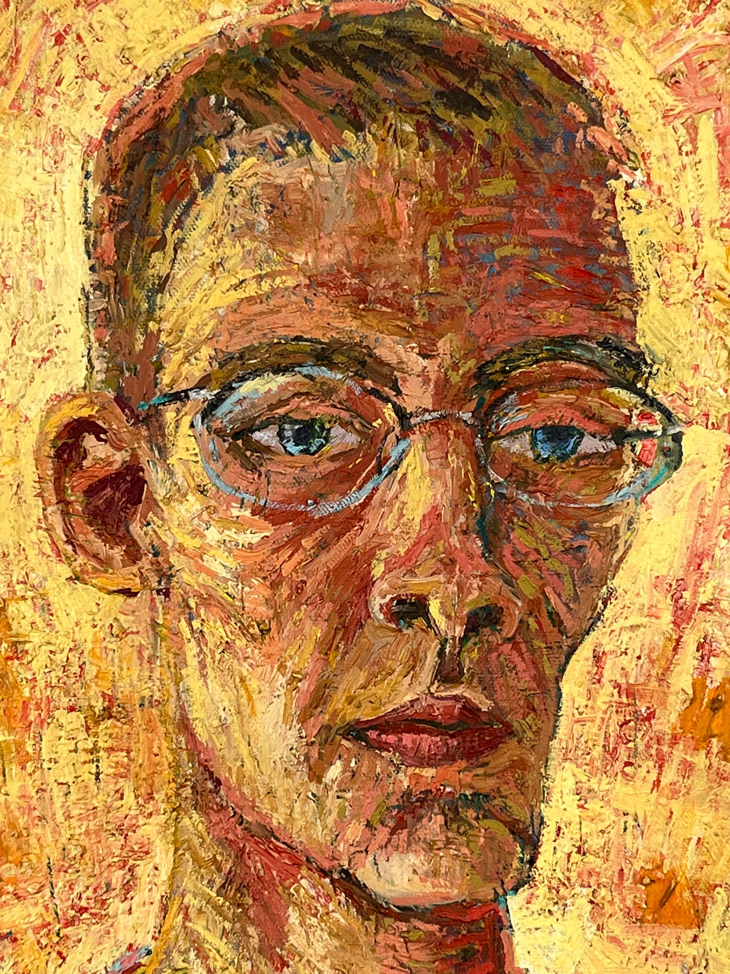 Self-Portrait, 1998. Oil on Canvas. 18" x 24". John Kline Artwork. Yellow Red van Gogh style