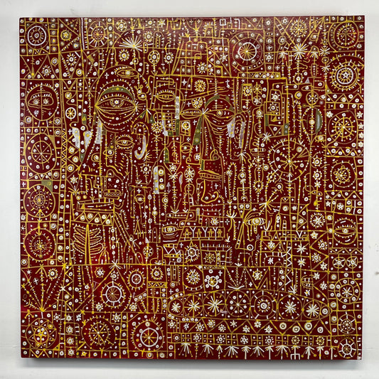 Twists in the New Gas. Enamel and Oil Markers on Canvas. 30" x 30". John Kline Artwork. Red Line Expressionist Abstract Painting