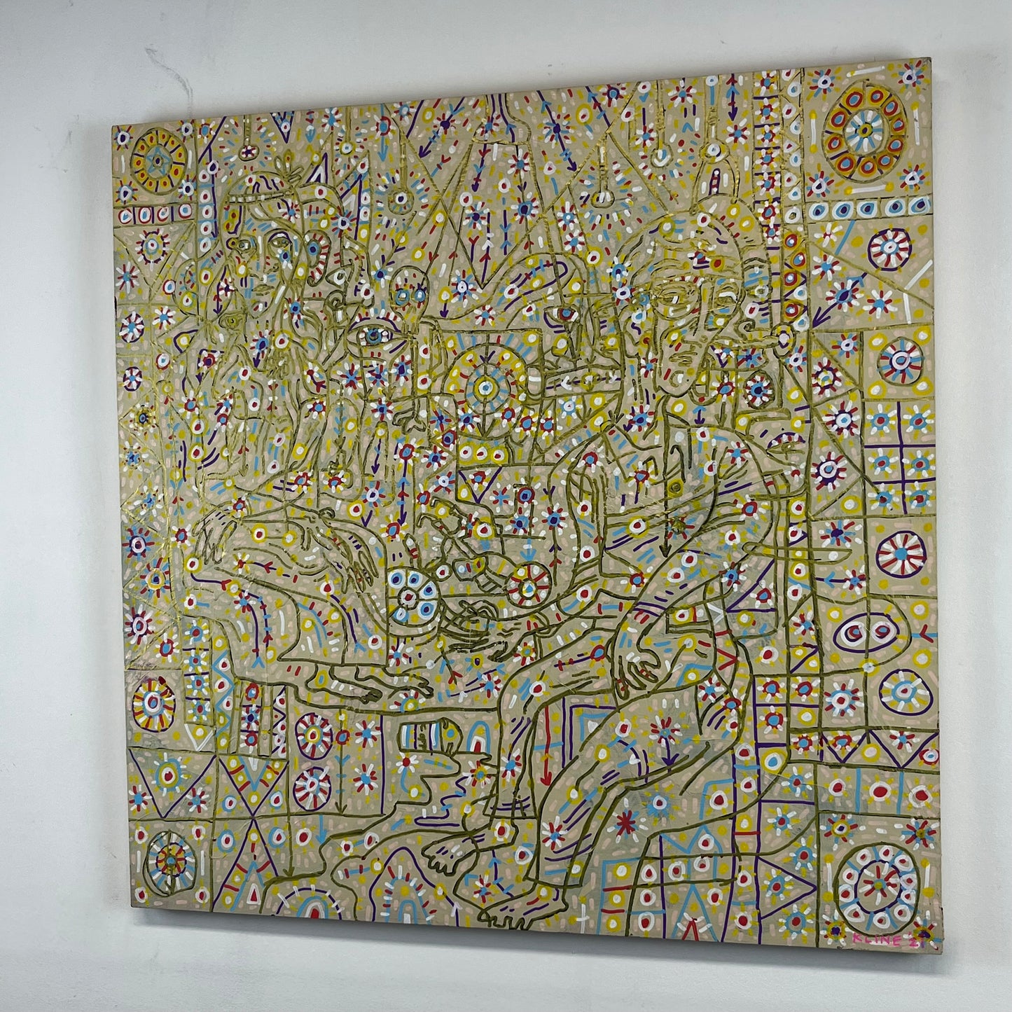 Vibrant Nonsense. Oil and Oil Markers on Wood. 24" x 24". John Kline Artwork. Abstract Painting.