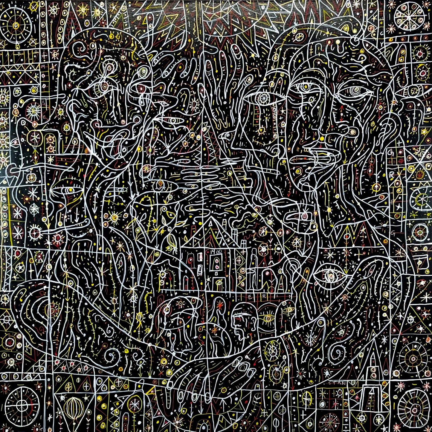 A Strange, Isolated Place. Enamel and Oil Markers on Canvas. 40" x 40" x 1.5". John Kline Artwork. black white expressionist line painting