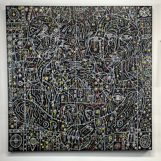 A Strange, Isolated Place. Enamel and Oil Markers on Canvas. 40" x 40" x 1.5". John Kline Artwork. black white expressionist line painting