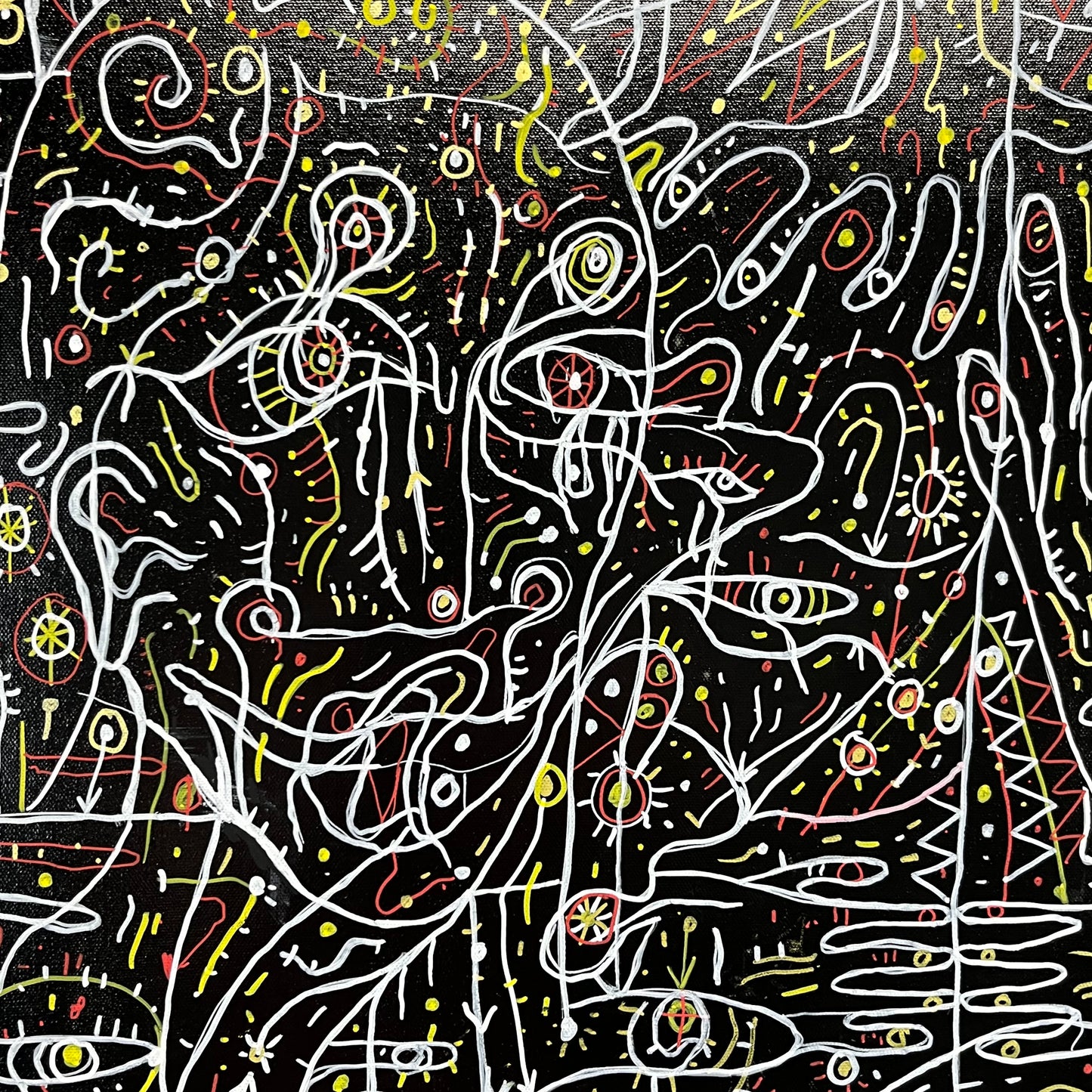 A Strange, Isolated Place. Enamel and Oil Markers on Canvas. 40" x 40" x 1.5". John Kline Artwork. black white expressionist line painting
