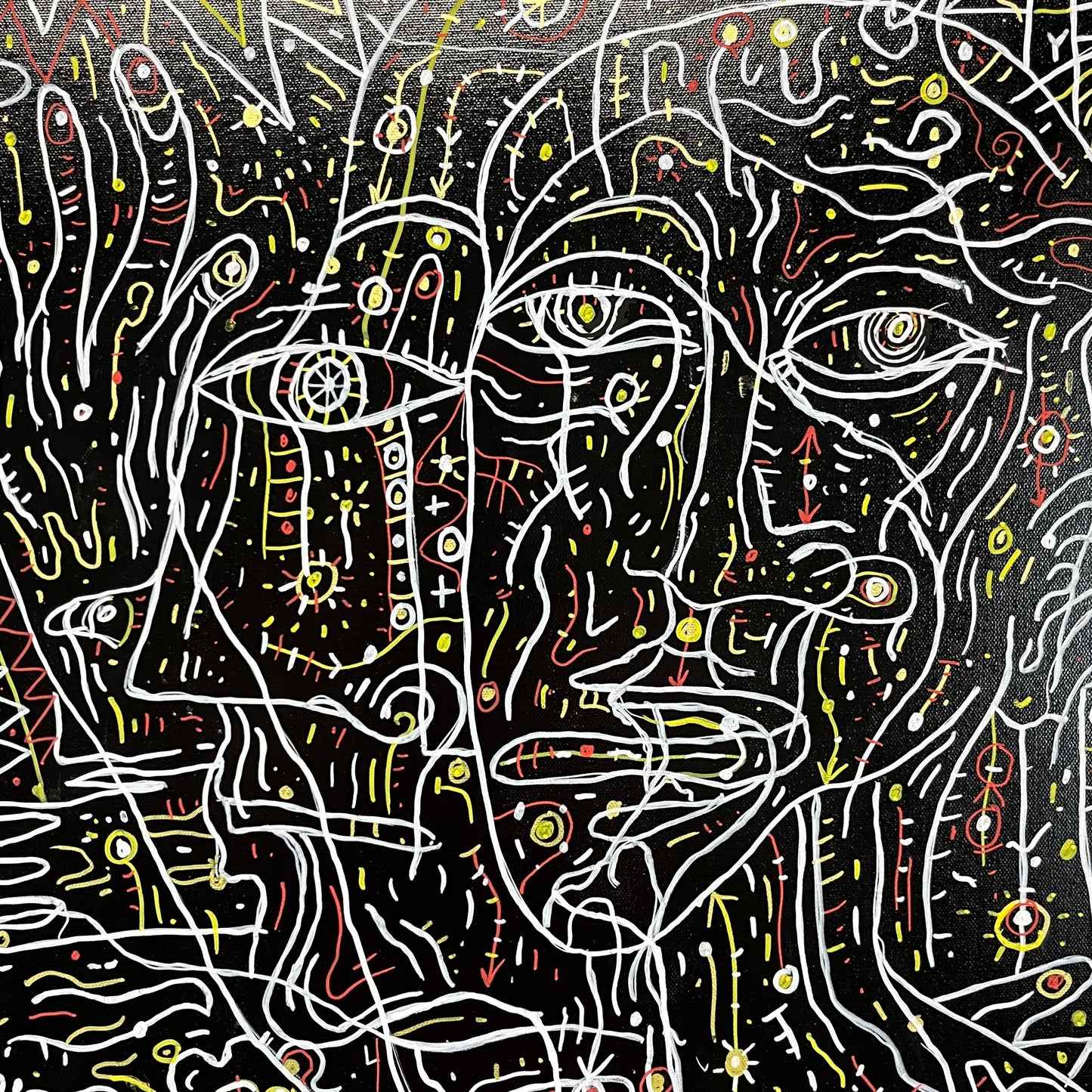 A Strange, Isolated Place. Enamel and Oil Markers on Canvas. 40" x 40" x 1.5". John Kline Artwork. black white expressionist line painting