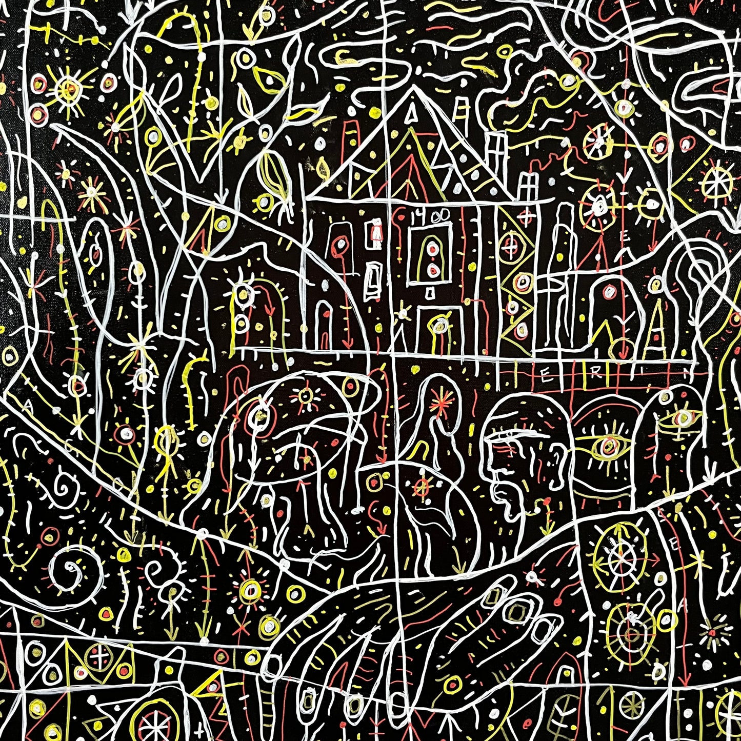 A Strange, Isolated Place. Enamel and Oil Markers on Canvas. 40" x 40" x 1.5". John Kline Artwork. black white expressionist line painting