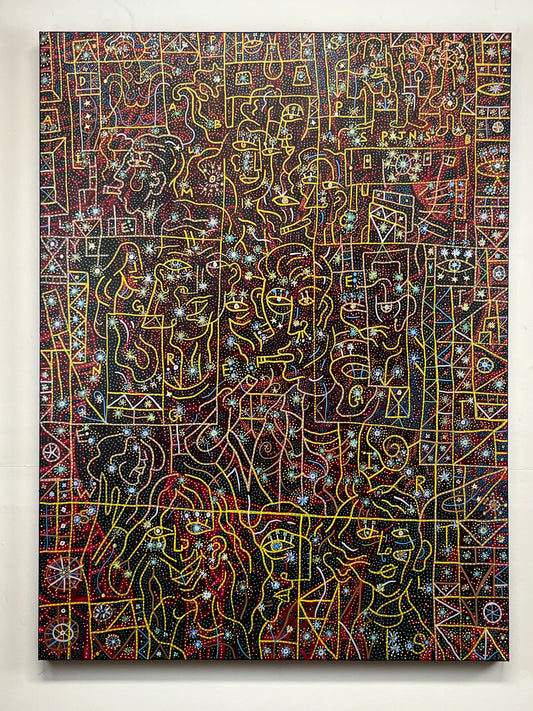 Spice Girls Party, 1997. Acrylic and Oil Markers on Canvas. 30" x 40". John Kline Artwork. line yellow dots painting modern