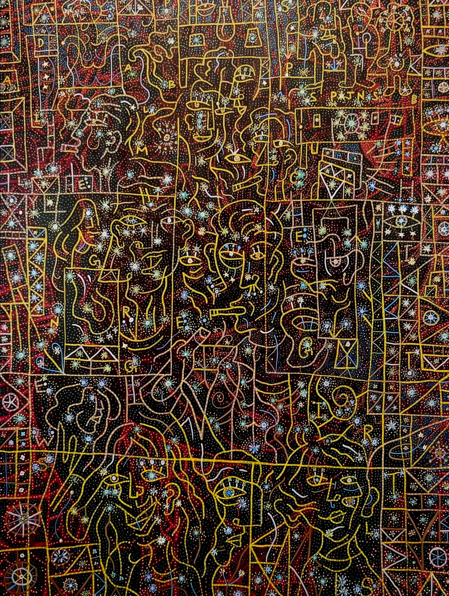 Spice Girls Party, 1997. Acrylic and Oil Markers on Canvas. 30" x 40". John Kline Artwork. line yellow dots painting modern