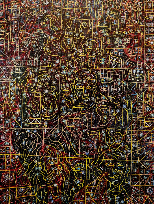 Spice Girls Party, 1997. Acrylic and Oil Markers on Canvas. 30" x 40". John Kline Artwork. line yellow dots painting modern