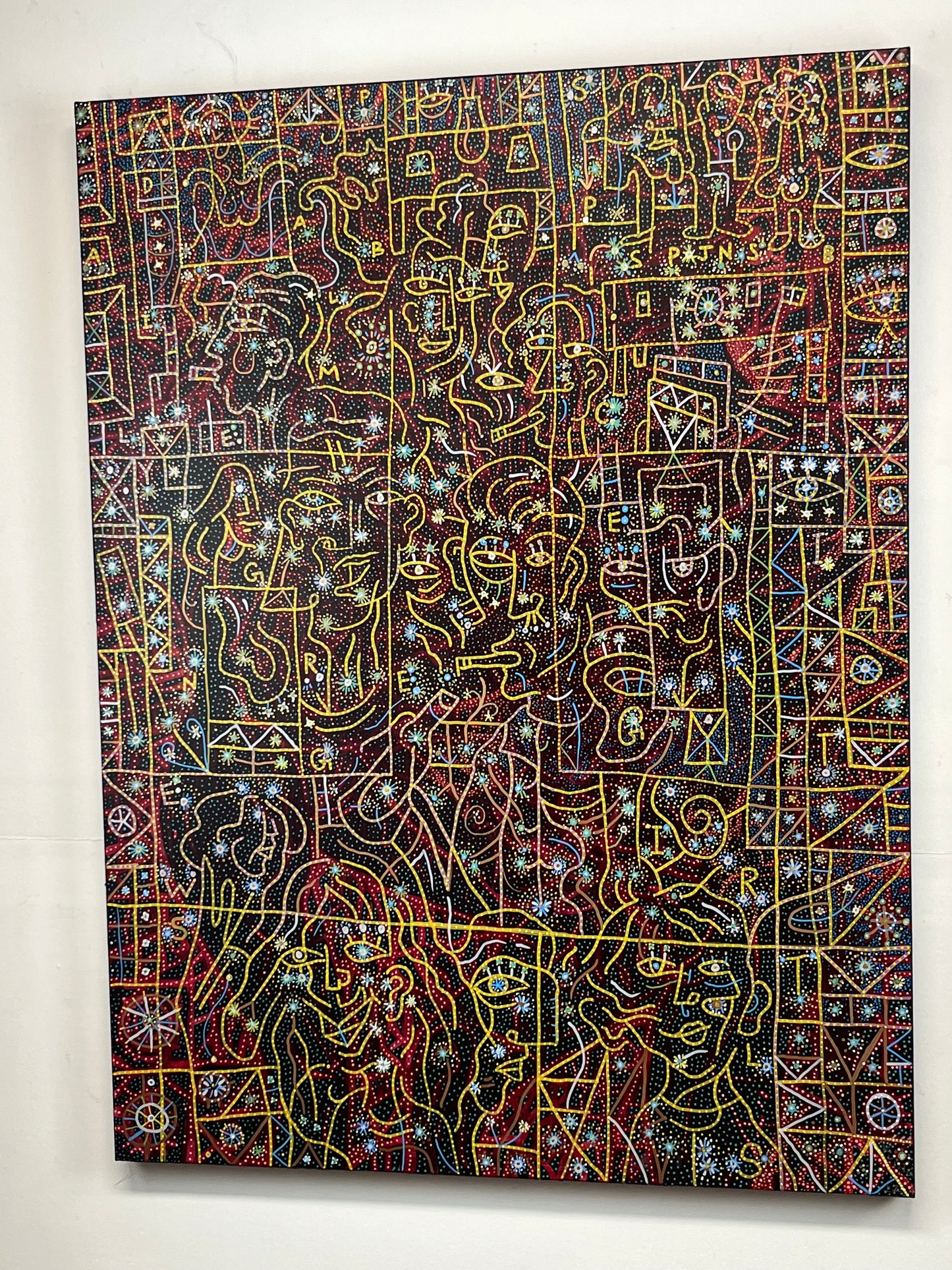Spice Girls Party, 1997. Acrylic and Oil Markers on Canvas. 30" x 40". John Kline Artwork. line yellow dots painting modern
