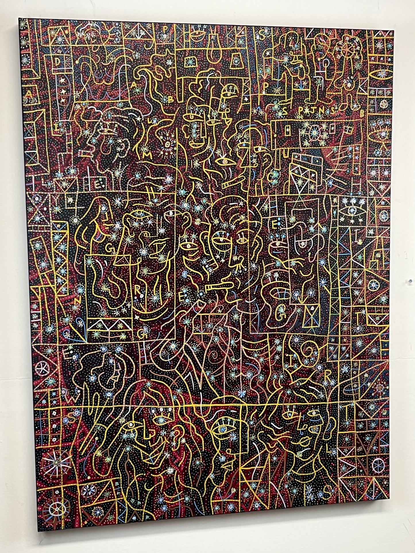 Spice Girls Party, 1997. Acrylic and Oil Markers on Canvas. 30" x 40". John Kline Artwork. line yellow dots painting modern