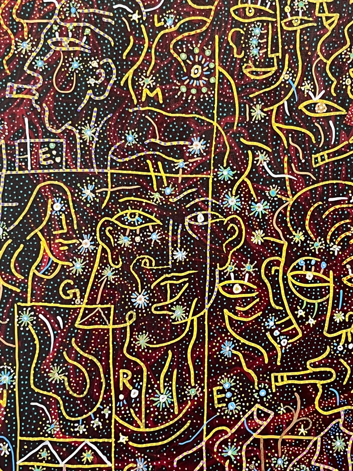 Spice Girls Party, 1997. Acrylic and Oil Markers on Canvas. 30" x 40". John Kline Artwork. line yellow dots painting modern