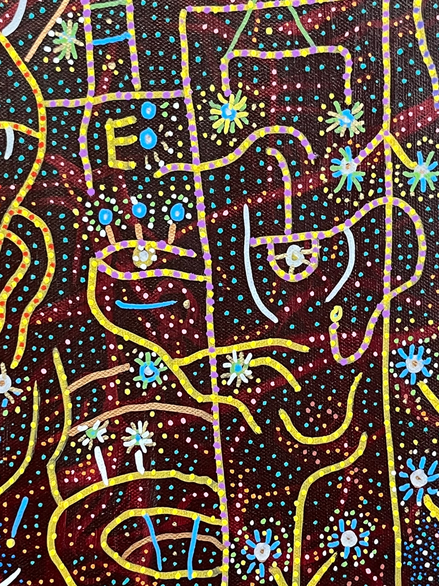 Spice Girls Party, 1997. Acrylic and Oil Markers on Canvas. 30" x 40". John Kline Artwork. line yellow dots painting modern