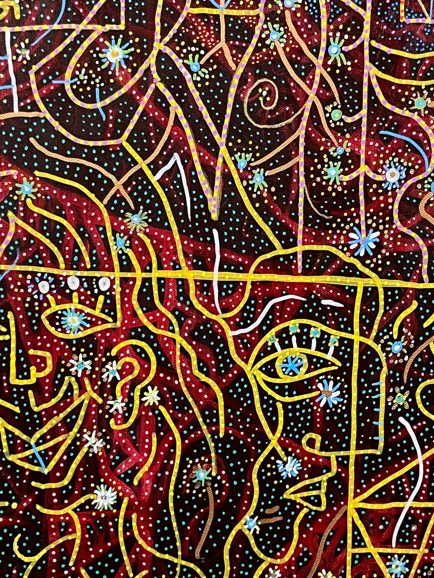 Spice Girls Party, 1997. Acrylic and Oil Markers on Canvas. 30" x 40". John Kline Artwork. line yellow dots painting modern