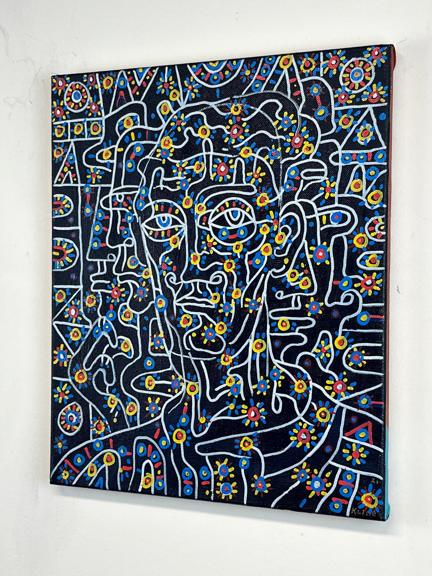 Self-Portrait. Oil and Oil Markers on Linen. 15" x 18". John Kline Artwork. Blue Yellow Red Painting