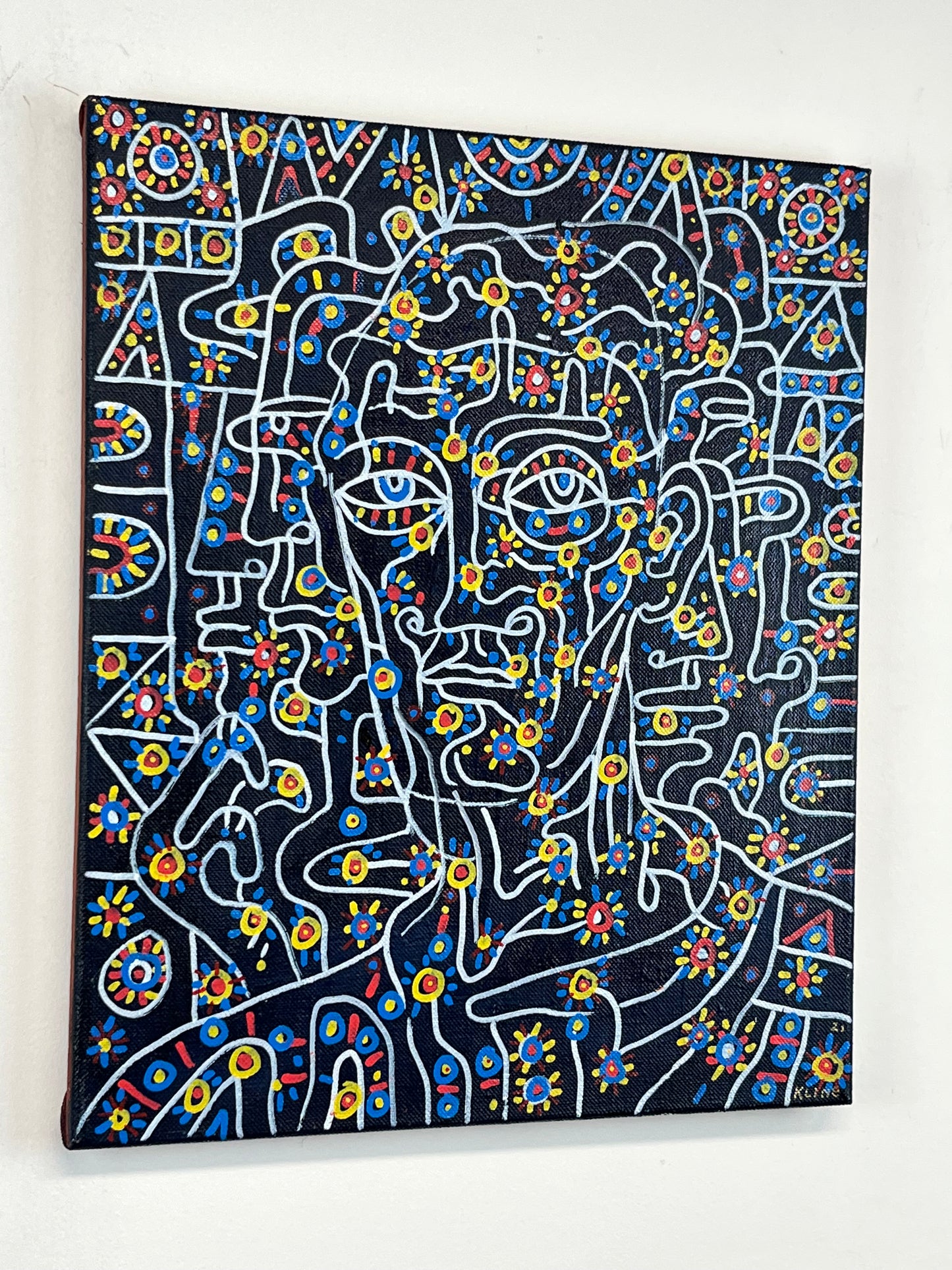 Self-Portrait. Oil and Oil Markers on Linen. 15" x 18". John Kline Artwork. Blue Yellow Red Painting