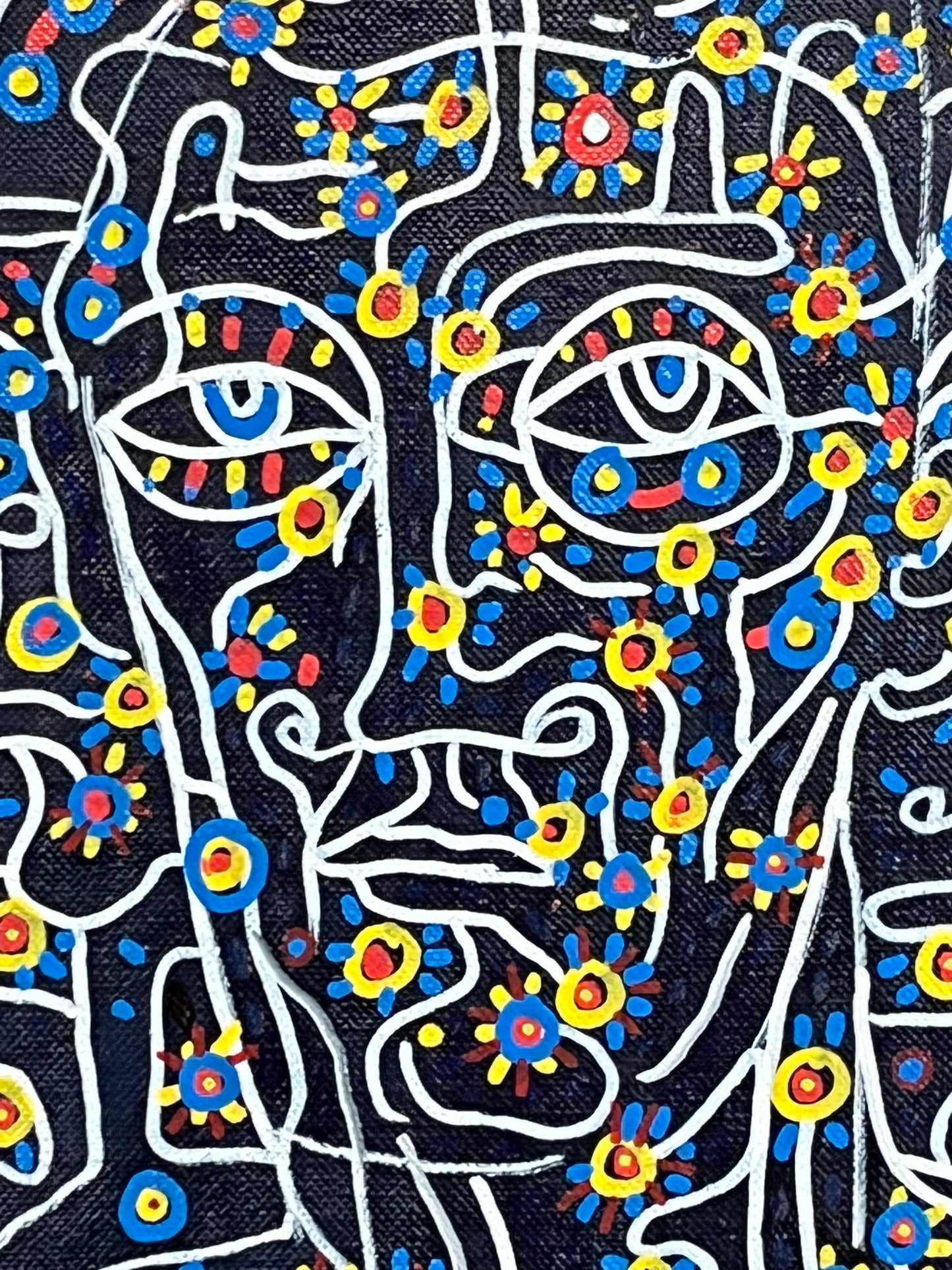 Self-Portrait. Oil and Oil Markers on Linen. 15" x 18". John Kline Artwork. Blue Yellow Red Painting