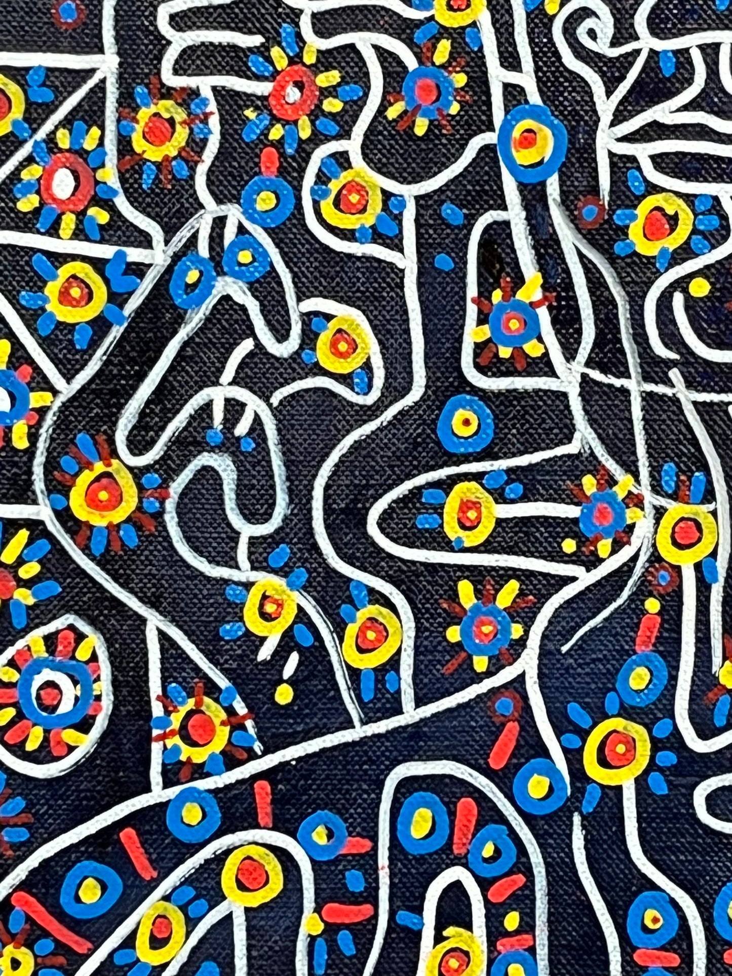 Self-Portrait. Oil and Oil Markers on Linen. 15" x 18". John Kline Artwork. Blue Yellow Red Painting