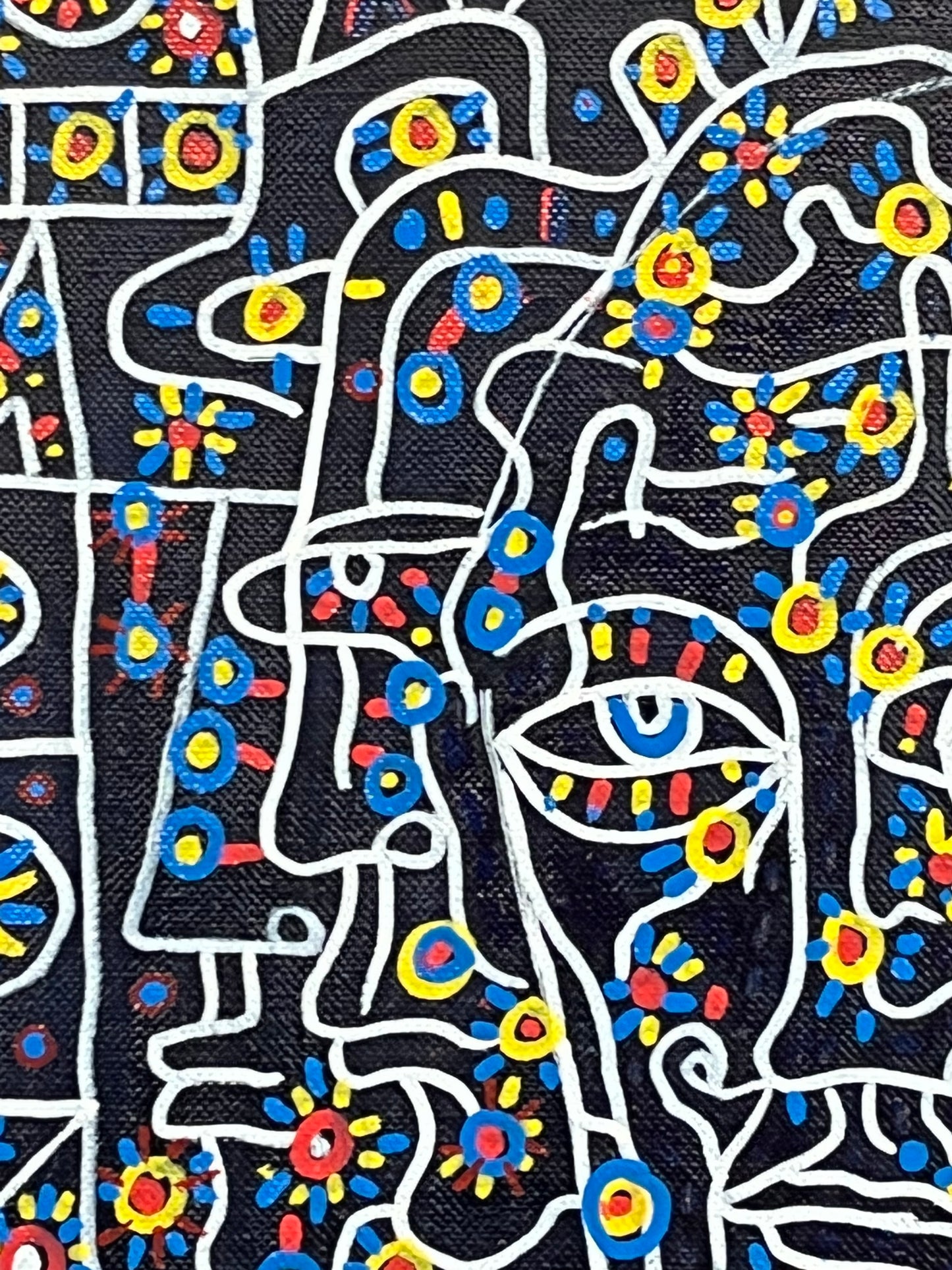 Self-Portrait. Oil and Oil Markers on Linen. 15" x 18". John Kline Artwork. Blue Yellow Red Painting