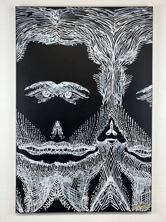 Gazing at your Own Fear. Acrylic and Oil Markers on Canvas. 24" x 36". John Kline Artwork. Black and White Painting