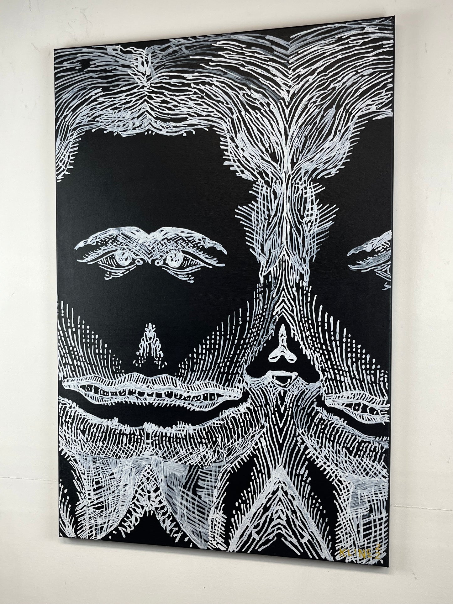 Gazing at your Own Fear. Acrylic and Oil Markers on Canvas. 24" x 36". John Kline Artwork. Black and White Painting