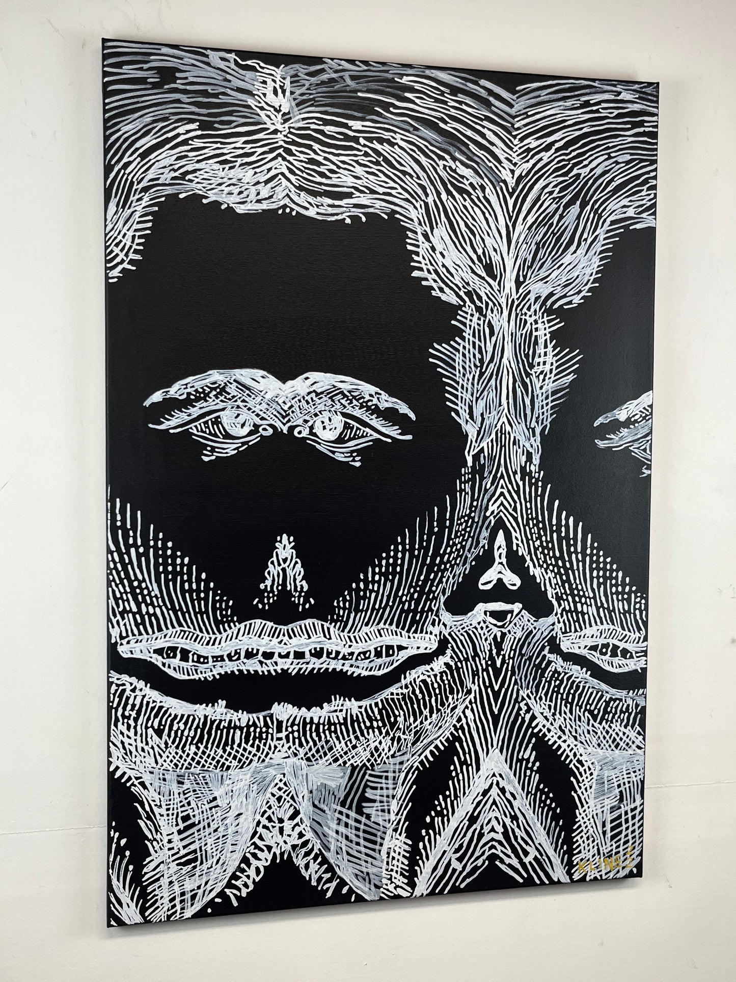Gazing at your Own Fear. Acrylic and Oil Markers on Canvas. 24" x 36". John Kline Artwork. Black and White Painting
